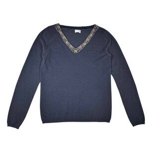 TSE Beaded Cashmere Sweater Sz L Gray  V-Neck Old Money Quiet Luxury Casual Chic